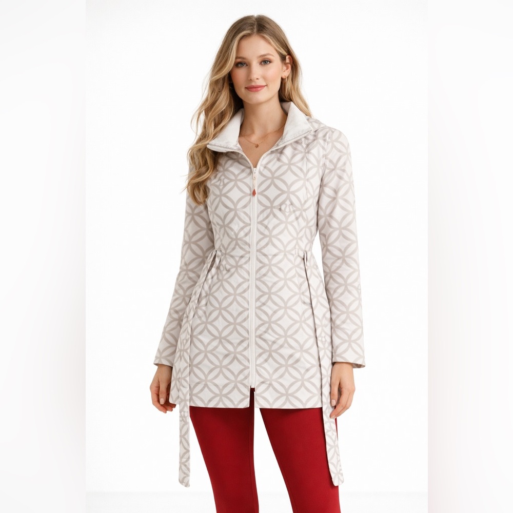 Lululemon – Essence Hooded Trench Coat – Light Gray Geometric Print – Size 10